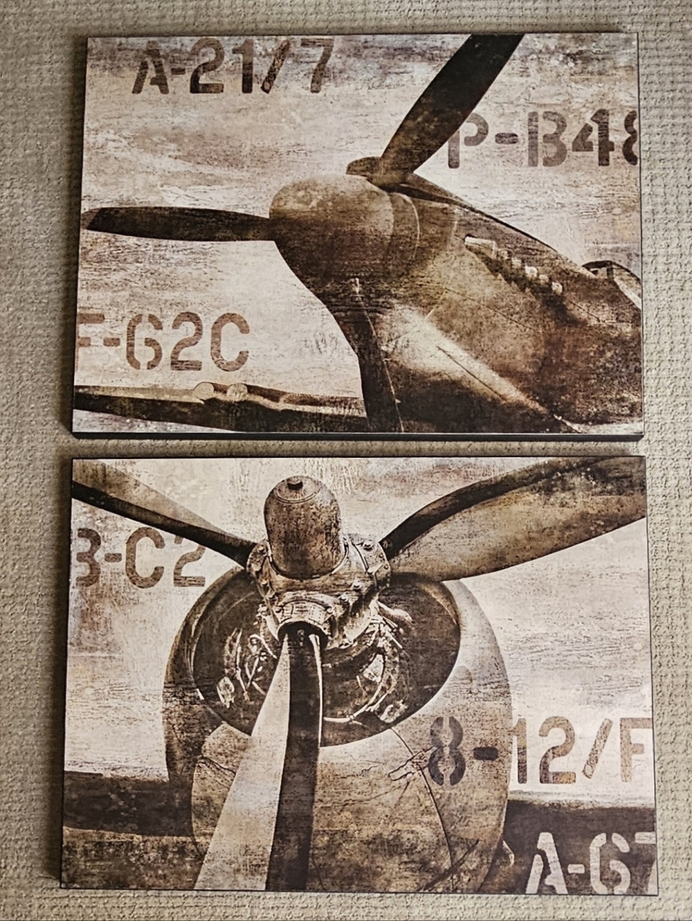 Vintage Airplane Wall Art Canvas 2-Piece Set - Sepia Propeller Print
